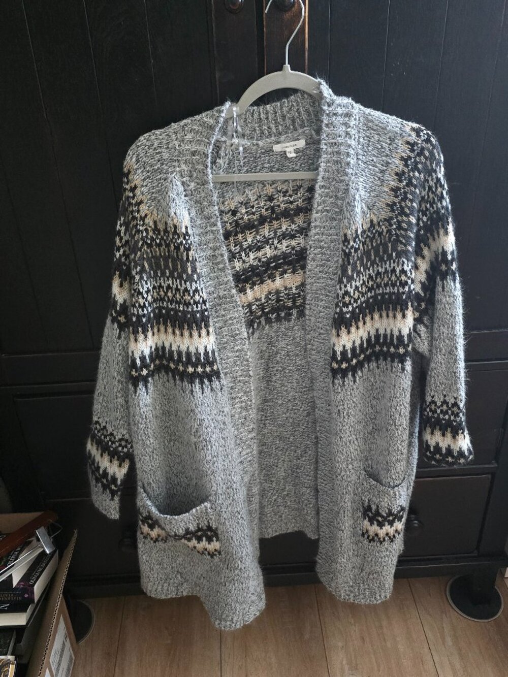 Maurice's Longline Fair Isle Cardigan Heathered Gray Tan White Pockets XXL EUC